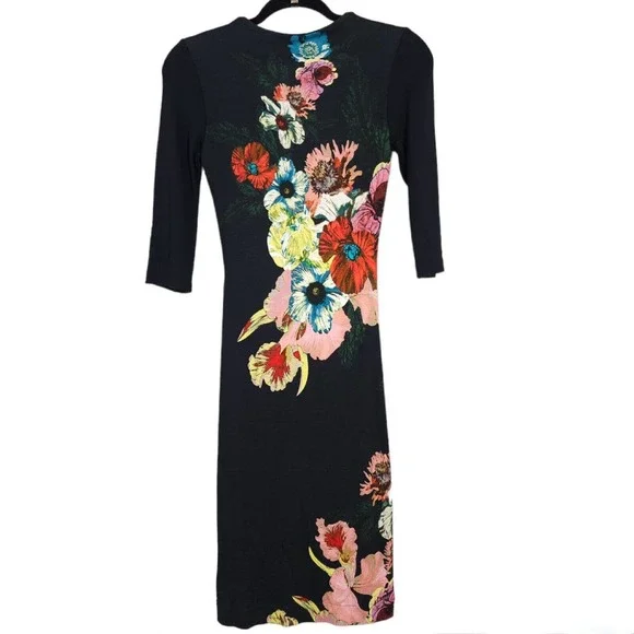 Erdem Womens Dress Allegra Red Black Floral 3/4 Sleeve Knee Length Bodycon 2 XS - Picture 2 of 10